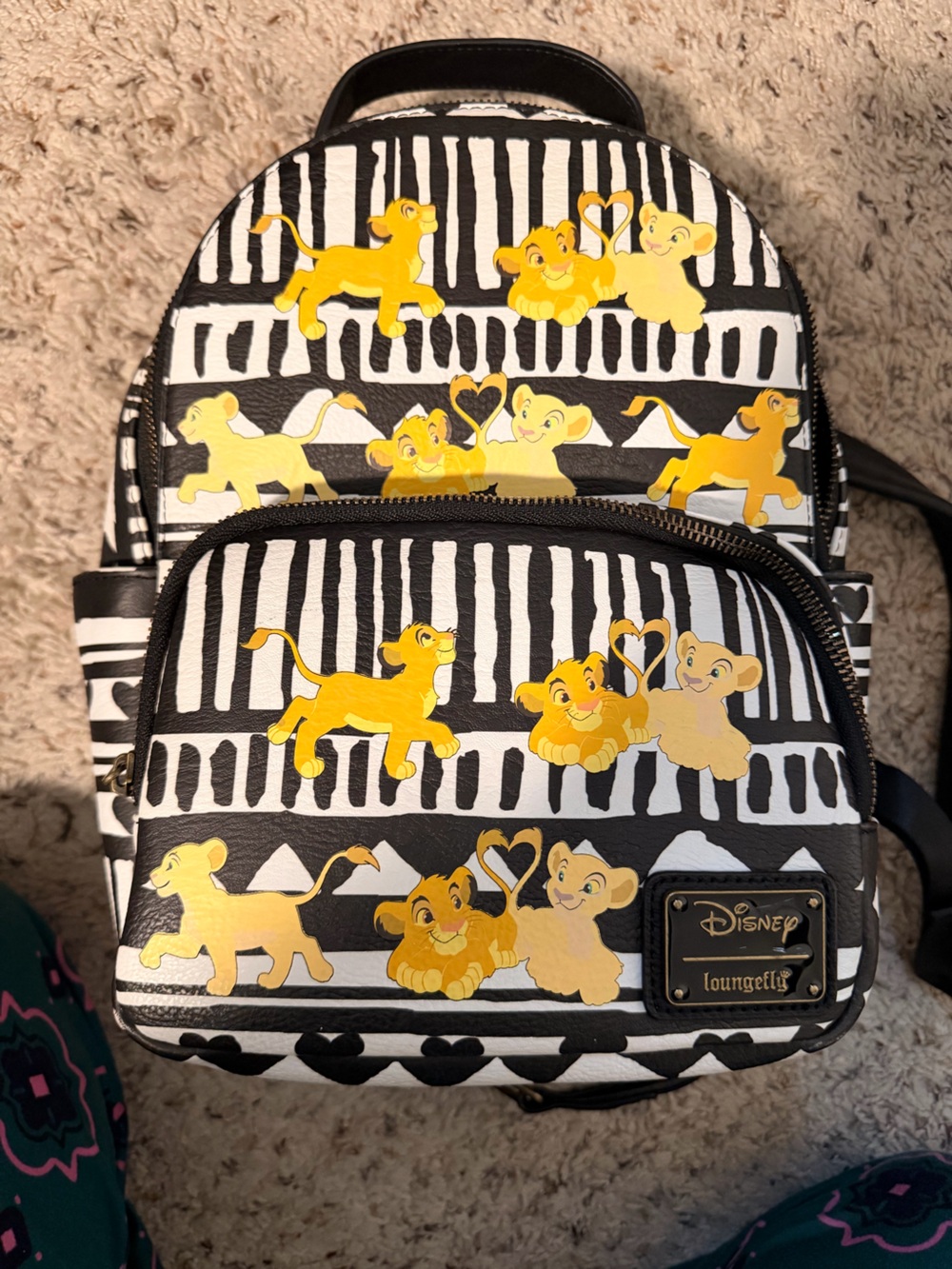 Disney Yellow Simba Pattern Backpack on Black & White Stripes